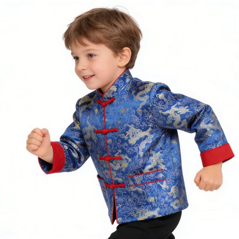 SZCQ Little Boys Dragon Tang Coat Long Sleeve Chinese Clothing Children Costumes Boy Jackets Outfit Tops (Blue, 10) - Image 2